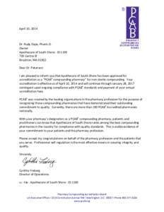 Microsoft Word - PCAB Accreditation Letter - Apothecare of South Shore - ID