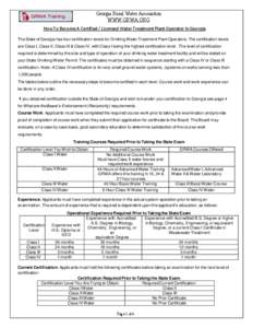 Georgia Rural Water Association WWW.GRWA.ORG How To Become A Certified / Licensed Water Treatment Plant Operator In Georgia The State of Georgia has four certification levels for Drinking Water Treatment Plant Operators.