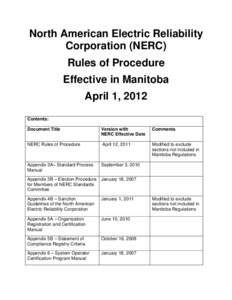 North American Electric Reliability Corporation (NERC) Rules of Procedure, Manitoba - April 1, 2012