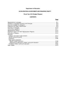 Department of Education ACCELERATING ACHIEVEMENT AND ENSURING EQUITY Fiscal Year 2013 Budget Request CONTENTS Page Appropriations Language .................................................................................