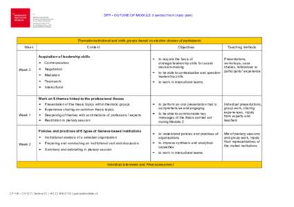 DPP - OUTLINE OF MODULE 3 (extract from study plan)  Thematic-institutional and skills groups based on elective choices of participants Week  Content