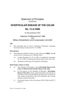 Statement of Principles concerning DIVERTICULAR DISEASE OF THE COLON No. 13 of 2008 for the purposes of the