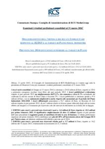 Comunicato Stampa: Consiglio di Amministrazione di RCS MediaGroup Esaminati i risultati preliminari consolidati al 31 marzoMIGLIORAMENTO DELL’EBITDA E DEI RICAVI PUBBLICITARI RISPETTO AL IQ2015 E AI TARGET DI PI