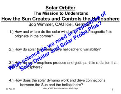 Solar Orbiter The Mission to Understand How the Sun Creates and Controls the Heliosphere Bob Wimmer, CAU Kiel, Germany 1.) How and where do the solar wind plasma and magnetic field