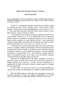 Studi sulle Antichità di Anzio e Nettuno Anna Pasqualini PAOLA BRANDIZZI VITTUCCI, ANTIUM. ANZIO E NETTUNO IN EPOCA ROMANA, Bardi Editore, Roma[removed]Pp. 166, 67 figg., XVI tavv. ISBN[removed]Lire It[removed]Nel 