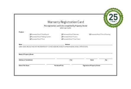 Warranty Registration Card This registration card to be completed by Property Owner (please type or print) Product: