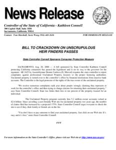 NEWS RELEASE: Bill to Crackdown on Unscrupulous Heir Finders Passes