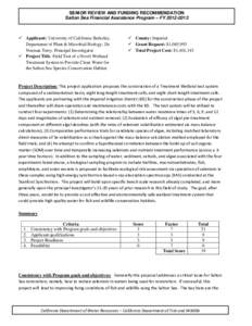 SENIOR REVIEW AND FUNDING RECOMMENDATION Salton Sea Financial Assistance Program – FY[removed]  Applicant: University of California Berkeley, Department of Plant & Microbial Biology; Dr. Norman Terry, Principal Inv