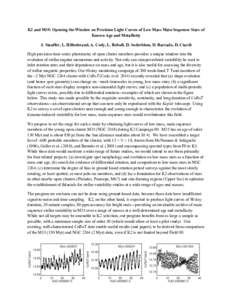 K2 and M35: Opening the Window on Precision Light Curves of Low Mass Main Sequence Stars of Known Age and Metallicity J. Stauffer, L. Hillenbrand, A. Cody, L. Rebull, D. Soderblom, D. Barrado, D. Ciardi High precision ti