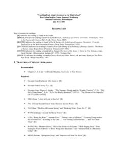 “Teaching East Asian Literature in the High School” East Asian Studies Center Summer Workshop Indiana University, Bloomington July 8-13, 2001  READING LIST