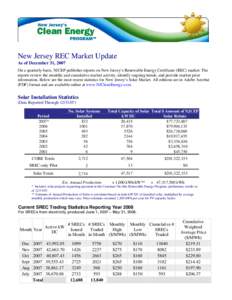 New Jersey REC Market Update As of December 31, 2007 On a quarterly basis, NJCEP publishes reports on New Jersey’s Renewable Energy Certificate (REC) market. The reports review the monthly and cumulative market activit