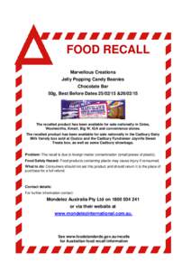 FOOD RECALL Marvellous Creations Jelly Popping Candy Beanies Chocolate Bar 50g, Best Before Dates[removed] &26/02/15