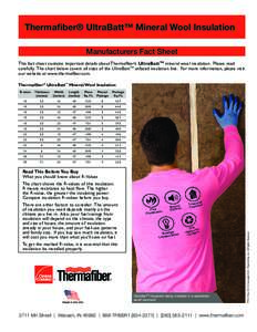 Thermafiber® UltraBatt™ Mineral Wool Insulation Manufacturers Fact Sheet This fact sheet contains important details about Thermafiber’s UltraBattTM mineral wool insulation. Please read carefully. The chart below cov