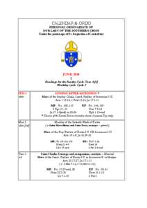 CALENDAR & ORDO  PERSONAL ORDINARIATE OF OUR LADY OF THE SOUTHERN CROSS Under the patronage of St. Augustine of Canterbury