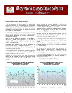 Negociación colectiva decembro[removed]A 15 de decembro de 2011 existen en Galicia 834 convenios colectivos, xa sexan vixentes ou prorrogados tacitamente, que afectan a[removed]traballadores/as. Neste total inclúense tam