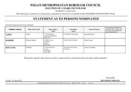 WIGAN METROPOLITAN BOROUGH COUNCIL ELECTION OF A WARD COUNCILLOR THURSDAY, 22 MAY 2014 The following is a statement as to the persons nominated for election of a Councillor for the GOLBORNE LOWTON WEST Ward