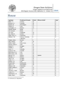 Oregon Legislators and Staff Guide 1864 Regular Session September 12 - October 22