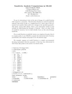 Sensitivity Analysis Computations in MLAB Gary D. Knott, Ph.D. Civilized Software IncHeritage Park Circle Silver Spring, MDUSA Tel: (