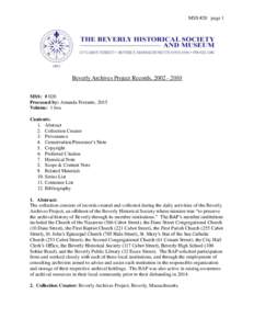 MSS #20 page 1  Beverly Archives Project Records, MSS: # 020 Processed by: Amanda Ferrante, 2015 Volume: 1 box