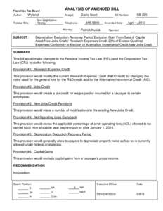 Depreciation Deduction Recovery Period/Exclusion Gain From Sale of Capital Asset/New Jobs Credit/ Research Expenses Credit 20% of Excess Qualified Expenses/Conformity to Election of Alternative Incremental Credit/New Job