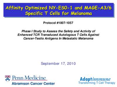 Affinity Optimized NY-ES0-1 and MAGE-A3/6 Specific T Cells for Melanoma Protocol #[removed]Phase I Study to Assess the Safety and Activity of Enhanced TCR Transduced Autologous T Cells Against Cancer-Testis Antigens In 
