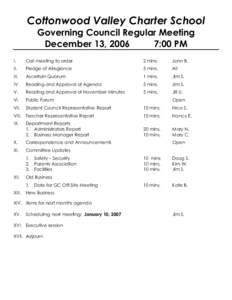 Cottonwood Valley Charter School Governing Council Regular Meeting December 13, 2006 7:00 PM I.