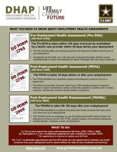 WHAT YOU NEED TO KNOW ABOUT DEPLOYMENT HEALTH ASSESSMENTS  Pre-Deployment Health Assessment (Pre-DHA) (DD Form[removed]RM