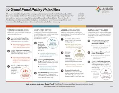 12 Good Food Policy Priorities We need a Good Food system that employs sustainable practices to make healthy, affordable food accessible for all. Toward that end, our clients have asked us to identify policy changes that