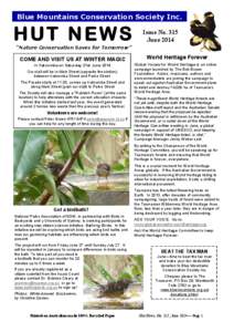 Blue Mountains Conservation Society Inc.  HUT NEWS Issue No. 315 June 2014