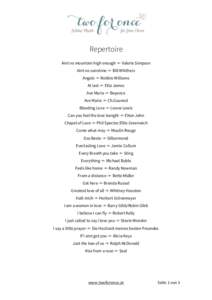 Repertoire Aint no mountain high enough ·×· Valerie Simpson Aint no sunshine ·×· Bill Whithers Angels ·×· Robbie Williams At last ·×· Etta James Ave Maria ·×· Beyonce