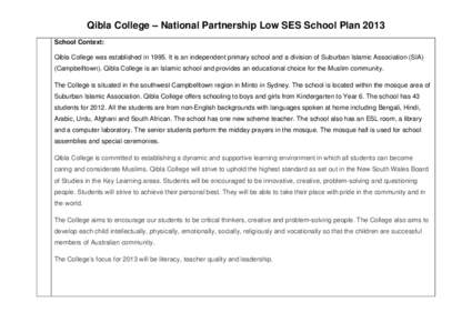 Qibla College – National Partnership Low SES School Plan 2013 School Context: Qibla College was established in[removed]It is an independent primary school and a division of Suburban Islamic Association (SIA) (Campbelltow