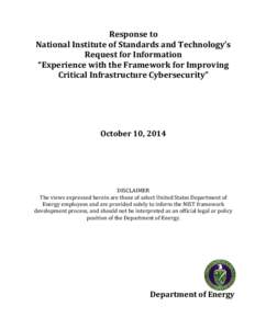 Response to National Institute of Standards and Technology’s Request for Information “Experience with the Framework for Improving Critical Infrastructure Cybersecurity”