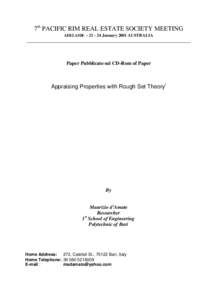 7th PACIFIC RIM REAL ESTATE SOCIETY MEETING ADELAIDE – January 2001 AUSTRALIA __________________________________________________________________  Paper Pubblicato sul CD-Rom of Paper