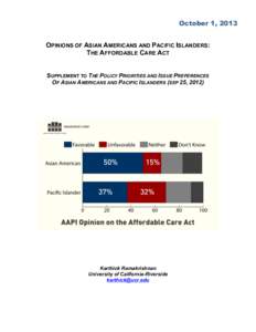 October 1, 2013 OPINIONS OF ASIAN AMERICANS AND PACIFIC ISLANDERS: THE AFFORDABLE CARE ACT SUPPLEMENT TO THE POLICY PRIORITIES AND ISSUE PREFERENCES OF ASIAN AMERICANS AND PACIFIC ISLANDERS (SEP 25, 2012)