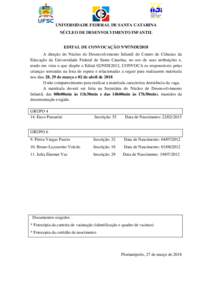 UNIVERSIDADE FEDERAL DE SANTA CATARINA NÚCLEO DE DESENVOLVIMENTO INFANTIL EDITAL DE CONVOCAÇÃO Nº07/NDI/2018 A direção do Núcleo de Desenvolvimento Infantil do Centro de Ciências da Educação da Universidade Fed