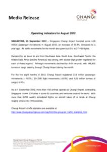 Media Release Operating indicators for August 2012 SINGAPORE, 20 September 2012 – Singapore Changi Airport handled some 4.28 million passenger movements in August 2012, an increase of 10.9% compared to a year ago. Air 