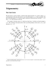 Trigonometry The Unit Circle The unit circle is a circle of radius 1 centered at the origin, the point (0, 0). Given a point (x, y) on the perimeter of the unit circle, there is a ray1 from the origin to (x, y). This ray