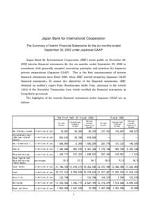 Japan Bank for International Cooperation The Summary of Interim Financial Statements for the six months ended September 30, 2002 under Japanese GAAP Japan Bank for International Cooperation (JBIC) made public on December