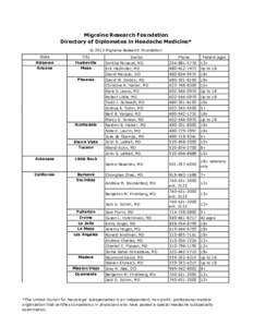 Migraine Research Foundation Directory of Diplomates in Headache Medicine* © 2013 Migraine Research Foundation State  City