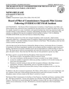 STATE OF CALIFORNIA – TRANSPORTATION AGENCY  EDMUND G. BROWN JR., Governor THE BOARD OF PILOT COMMISSIONERS FOR THE BAYS OF SAN FRANCISCO, SAN PABLO, AND SUISUN