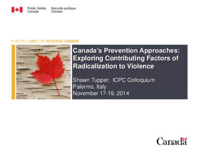 Canada’s Prevention Approaches: Exploring Contributing Factors of Radicalization to Violence Shawn Tupper, ICPC Colloquium Palermo, Italy November 17-19, 2014