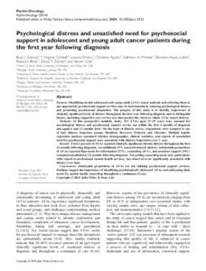 Psycho-Oncology Psycho-OncologyPublished online in Wiley Online Library (wileyonlinelibrary.com). DOI: pon.3533 Psychological distress and unsatisﬁed need for psychosocial support in adolescent and youn