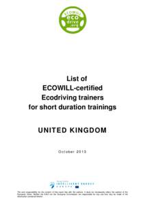 List of ECOWILL-certified Ecodriving trainers for short duration trainings UNITED KINGDOM October 2013