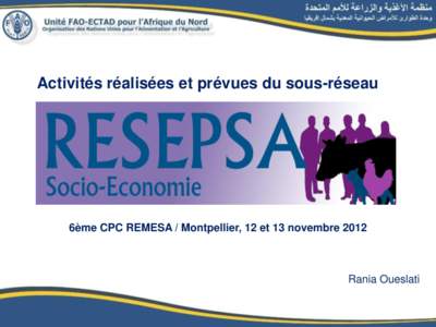 Activités réalisées et prévues du sous-réseau  6ème CPC REMESA / Montpellier, 12 et 13 novembre 2012 Rania Oueslati