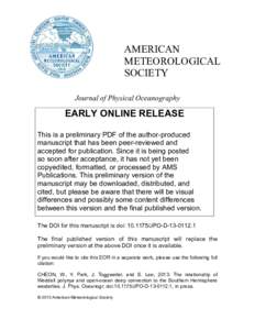 AMERICAN METEOROLOGICAL SOCIETY Journal of Physical Oceanography  EARLY ONLINE RELEASE