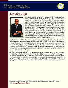 Ravinder N. Maini / Marc Feldmann / Dr. Paul Janssen Award for Biomedical Research / Paul Janssen / TNF inhibitor / Rheumatology / Crafoord Prize / Lasker-DeBakey Clinical Medical Research Award / Tumor necrosis factor-alpha / Medicine / Biology / Rheumatologists