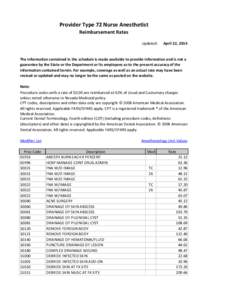 Provider Type 72 Nurse Anesthetist Reimbursement Rates Updated: April 22, 2014