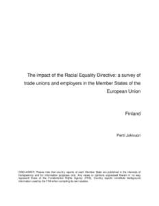 The impact of the Racial Equality Directive: a survey of trade unions and employers in the Member States of the European Union Finland
