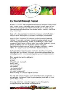 Our Habitat Research Project Australia is a country with many different habitats and climates. Some animals live in the sea, some in fresh water, some burrow in the soil, others fly from bush to bush looking for food and