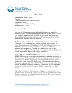 May 9, 2014 The Honorable Barbara Boxer Chairman Committee on Environment & Public Works United States Senate 410 Dirksen Senate Office Building